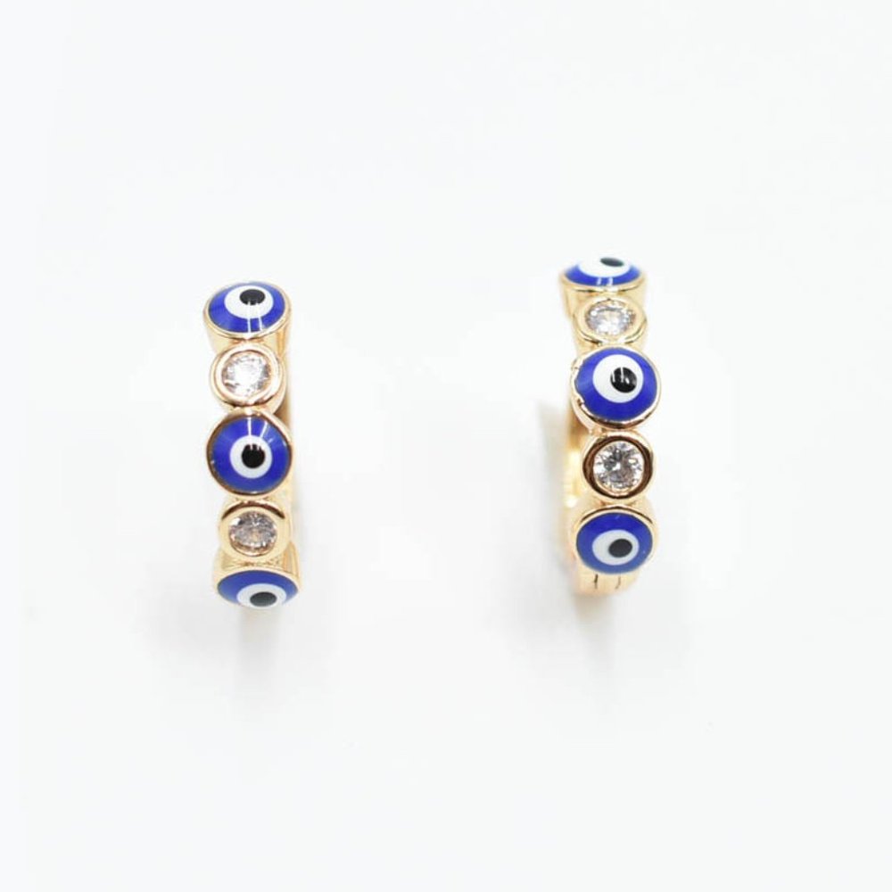 14k Gold Filled Crystal Evil Eye Protection Huggie Earrings - Picture 2 of 3